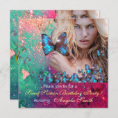 BLAUWE BUTTERFLY SWEET 16 PARTIJMONOGRAM KAART (Voorkant / Achterkant)