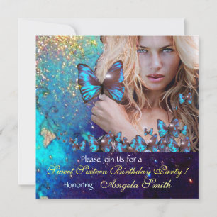 BLAUWE BUTTERFLY SWEET 16 PARTIJMONOGRAM KAART