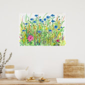 Blauwe Button Cornflower Waterverf Poster (Keuken)