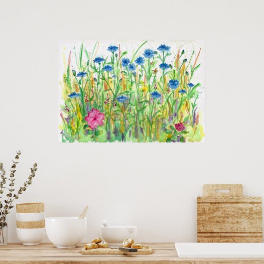 Blauwe Button Cornflower Waterverf Poster (Keuken)