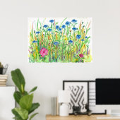 Blauwe Button Cornflower Waterverf Poster (Thuiskantoor)