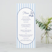 Blauwe Cabana Streep Lange Trouwmenu Kaart (Staand voorkant)