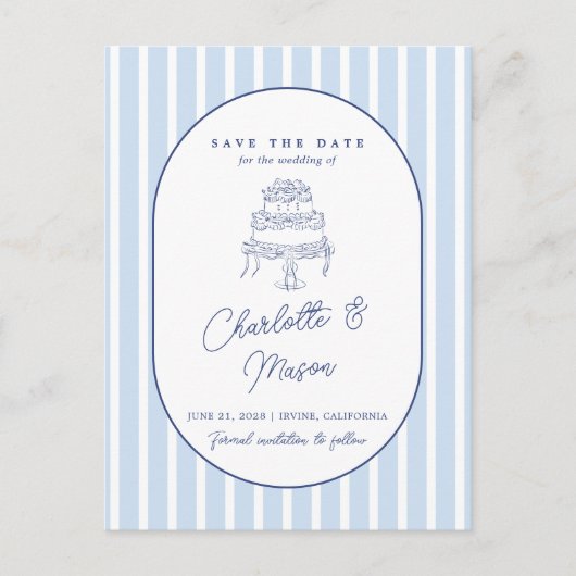 Blauwe Cabana Streep Minimalistische Bewaar de Dat Briefkaart (Voorkant)