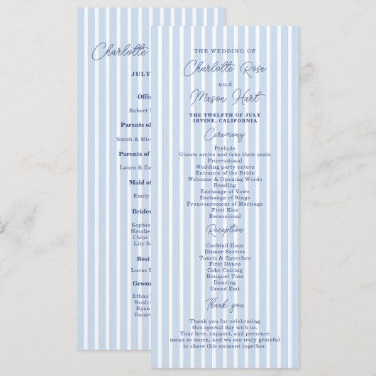 Blauwe Cabana Streep Minimalistische Trouwprogramm Kaart (Voorkant / Achterkant)