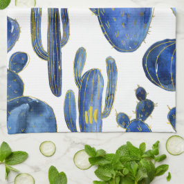 Blauwe Cactus Art Desert Chic Goud INITIAAL Plezie Theedoek