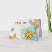 Blauwe cadeaudoos met kerstballen Goud Snowflakes Kaart (Voorkant)