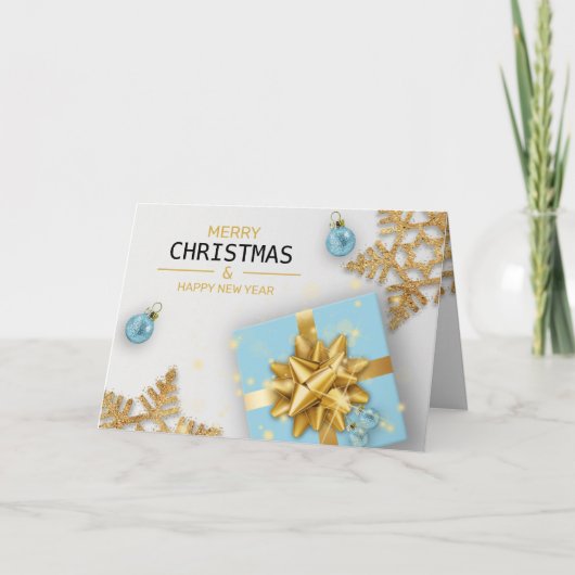 Blauwe cadeaudoos met kerstballen Goud Snowflakes Kaart (Voorkant)