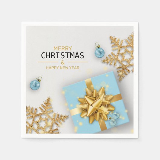 Blauwe cadeaudoos met kerstballen Goud Snowflakes Servet (Voorkant)
