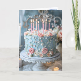 Blauwe cake roze rozen en kaarsen Gefeliciteerd me Kaart