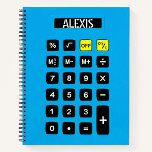 Blauwe calculator met naam notitieboek