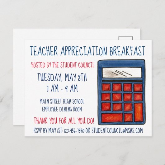 Blauwe calculator Wiskunde lerarenwaardering Uitnodiging Briefkaart (Voorkant / Achterkant)