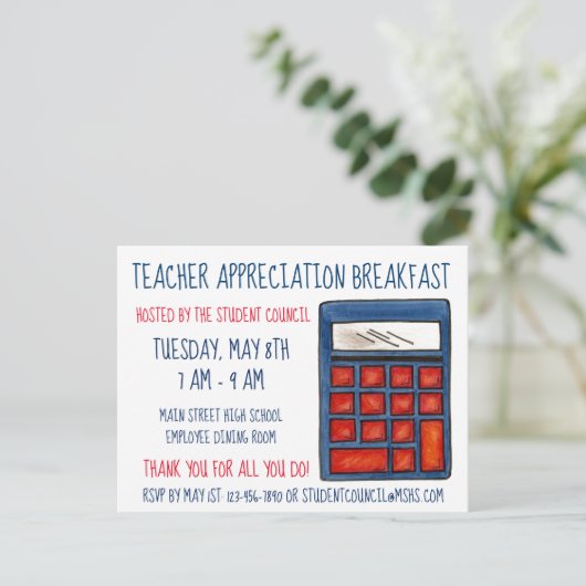 Blauwe calculator Wiskunde lerarenwaardering Uitnodiging Briefkaart (Staand voorkant)