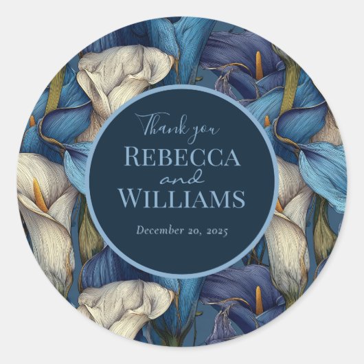 Blauwe Calla Lelies Bloem Retro Bruiloft Ronde Sticker (Voorkant)