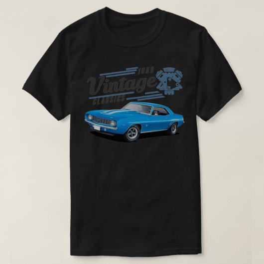  blauwe camaro en motor t-shirt (Design voorkant)