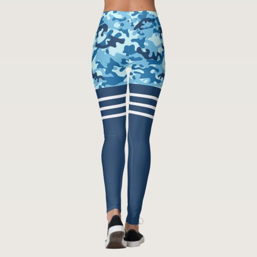 Blauwe camo drievoudige witte streep dij hoog leggings (Achterkant)