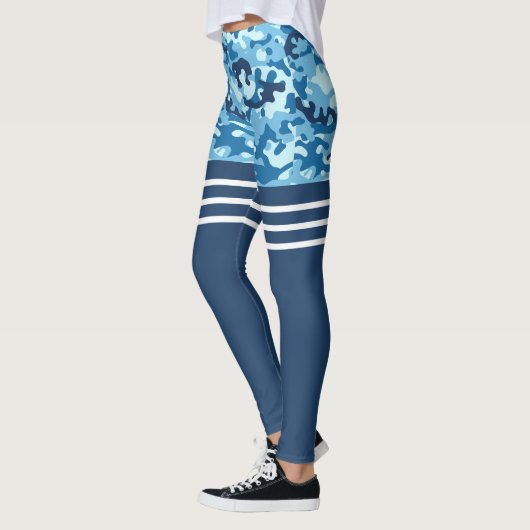 Blauwe camo drievoudige witte streep dij hoog leggings (Links)