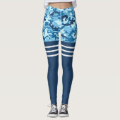 Blauwe camo drievoudige witte streep dij hoog leggings (Voorkant)