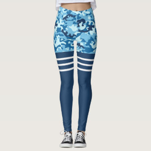 Blauwe camo drievoudige witte streep dij hoog leggings