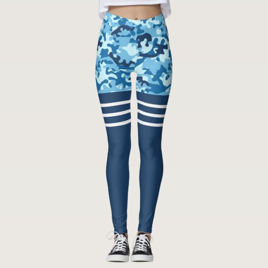 Blauwe camo drievoudige witte streep dij hoog leggings (Voorkant)