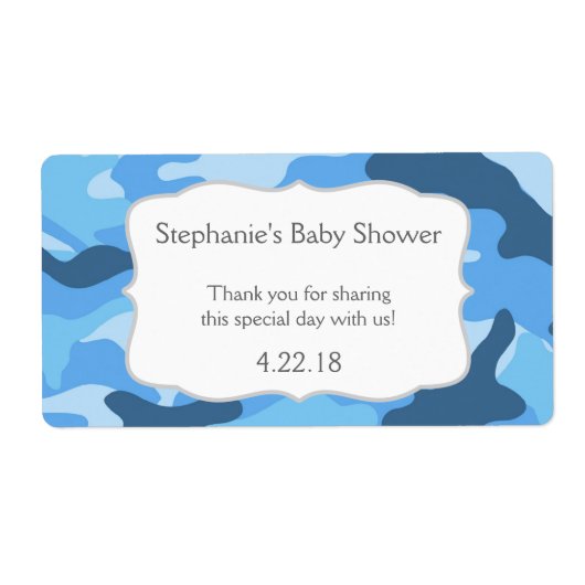 Blauwe Camouflage Camo Waterfles Favor Etiket (Voorkant)