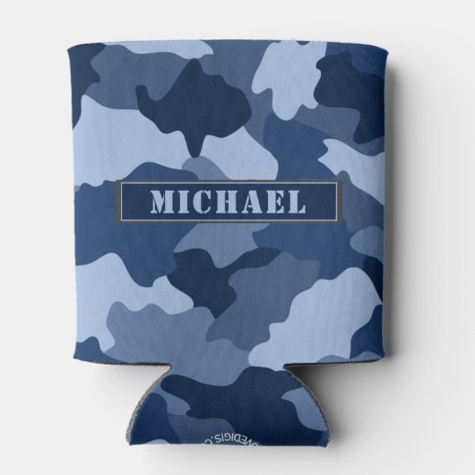 Blauwe Camouflage Patroon Monogram Naam Blikjeskoeler (Achterkant)