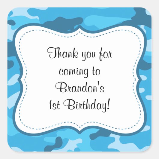 Blauwe Camouflage Verjaardagsfeestje favoriet labe Vierkante Sticker (Voorkant)