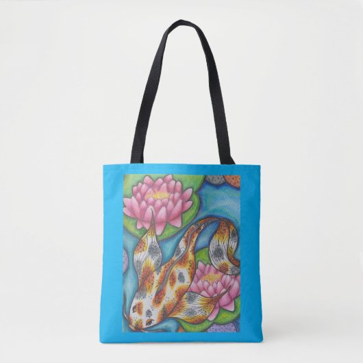 Blauwe Canvas tas met Oranje Koi Fish Pencil Art (Voorkant)