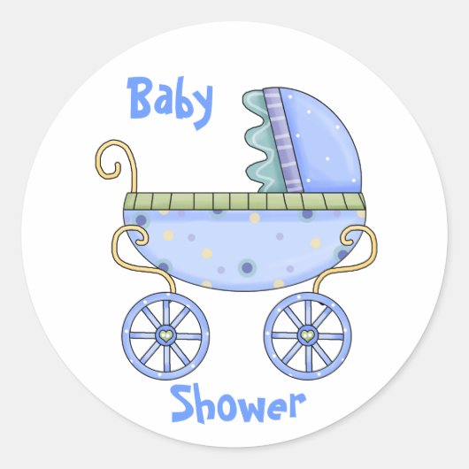 Blauwe Carriage Baby Jongen Douche Envelop Seal Ronde Sticker (Voorkant)