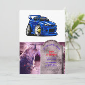 Blauwe cartoon voor de snelheid van de spierwagen kaart (Staand voorkant)