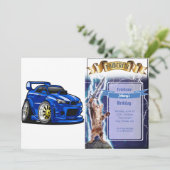 Blauwe cartoon voor de snelheid van de spierwagen  kaart (Staand voorkant)