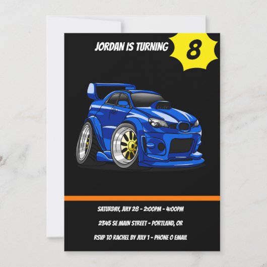 Blauwe cartoon voor de snelheid van de spierwagen  kaart (Voorkant)