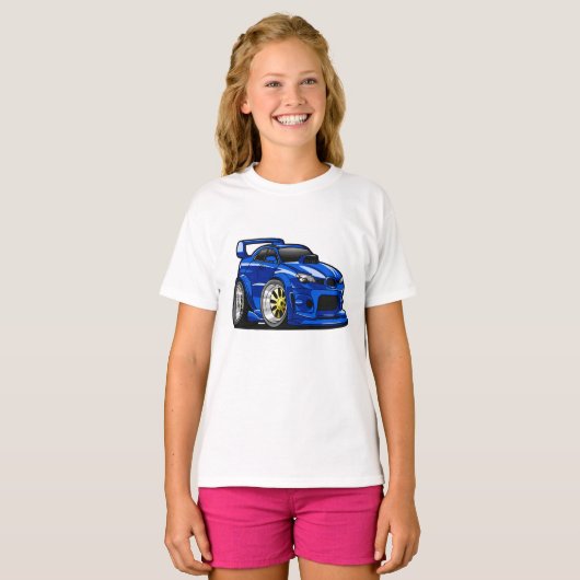 Blauwe cartoon voor de snelheid van de spierwagen  t-shirt (Voorkant volledig)