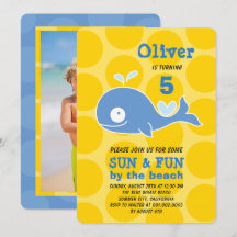 Blauwe Cartoon Walvis Strandfeest Foto Jongen Verj