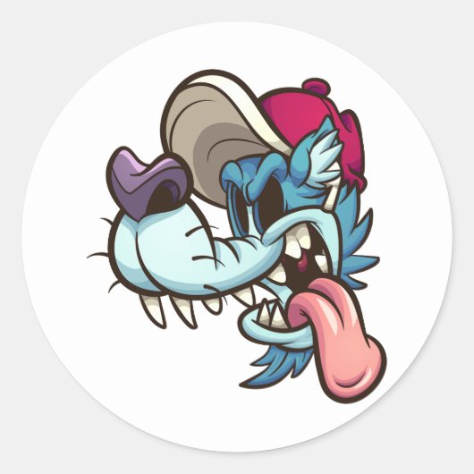 Blauwe cartoon wolf met holle ogen en honkbal ca ronde sticker (Voorkant)