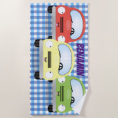 Blauwe cartoons tegen achtergrond strandlaken (Voorkant)