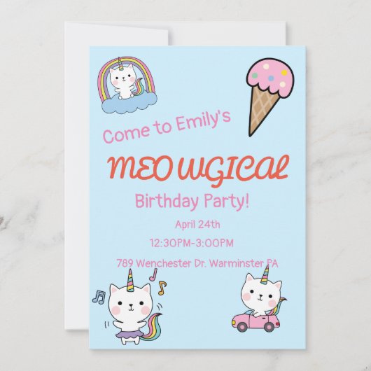 Blauwe caticorn meowgical verjaardag kaart (Voorkant)