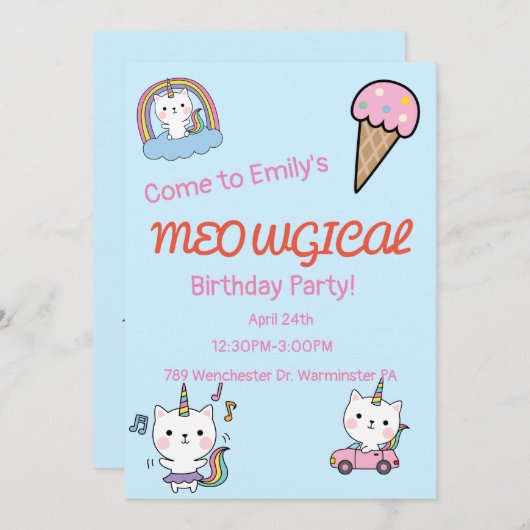 Blauwe caticorn meowgical verjaardag kaart (Voorkant / Achterkant)