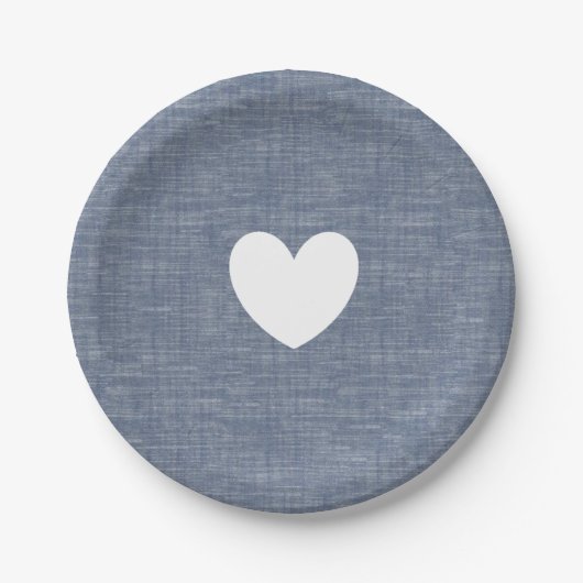 Blauwe chambray denim hart op maat papier bord (Voorkant)