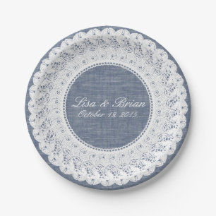 Blauwe chambray denim & kant op maat papier bord