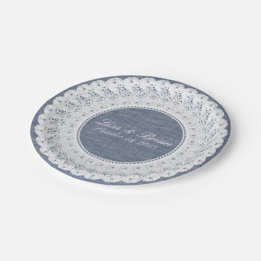 Blauwe chambray denim & kant op maat papier bord (Gekanteld)