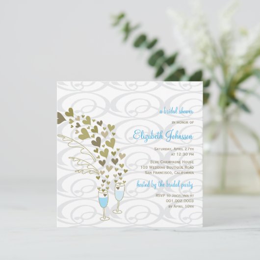 Blauwe champagne Cheers Golden Hearts Vrijgezellen Kaart (Staand voorkant)