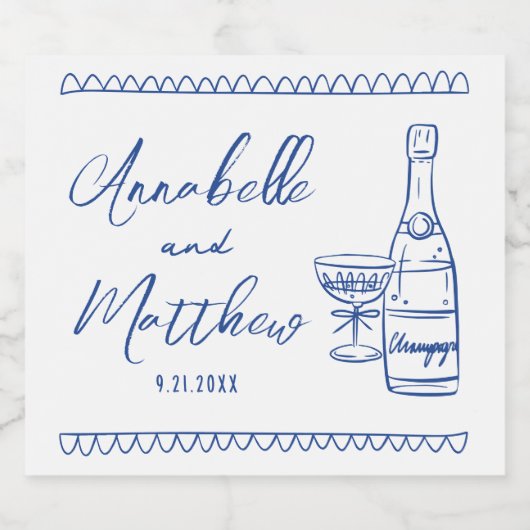 Blauwe Champagne Hand getrokken bruiloft Sparkling Wijnetiket (Enkel label)
