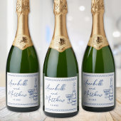 Blauwe Champagne Hand getrokken bruiloft Sparkling Wijnetiket