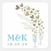 Blauwe champagne-kasten die gouden harten wedden vierkante sticker (Voorkant)