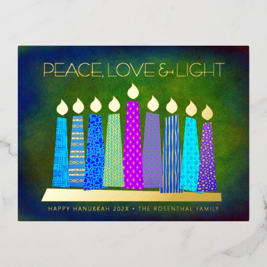 Blauwe Chanoeka Kaarsen Vrede Liefde Licht Echt Go Folie Feestdagen Briefkaart (Voorkant)