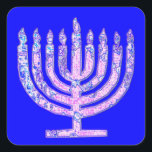 Blauwe Chanoeka Menorah 4Ruth Vierkante Sticker<br><div class="desc">Je zult graag je cadeaus met onze menorah stickers versieren!</div>