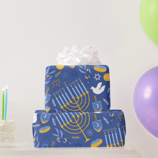 Blauwe Chanoeka Menorah Dove en Dreidel Chanoeka Cadeaupapier (Feestgeschenken)