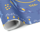 Blauwe Chanoeka Menorah Dove en Dreidel Chanoeka Cadeaupapier (Rol Hoek)