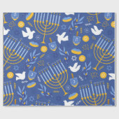 Blauwe Chanoeka Menorah Dove en Dreidel Chanoeka Cadeaupapier (Vlak)