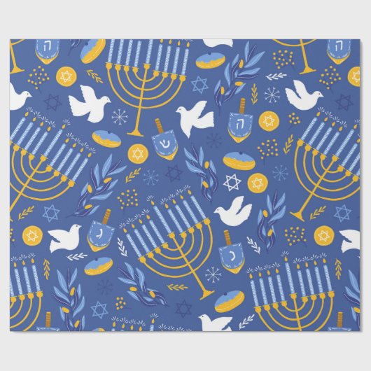 Blauwe Chanoeka Menorah Dove en Dreidel Chanoeka Cadeaupapier (Vlak)
